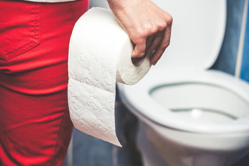 A toilet roll being held in front of a toilet