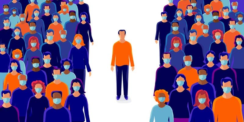 An illustration of a man social distancing from two crowds of people