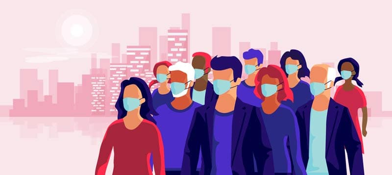 An illustration of a group of people outside all wearing face masks