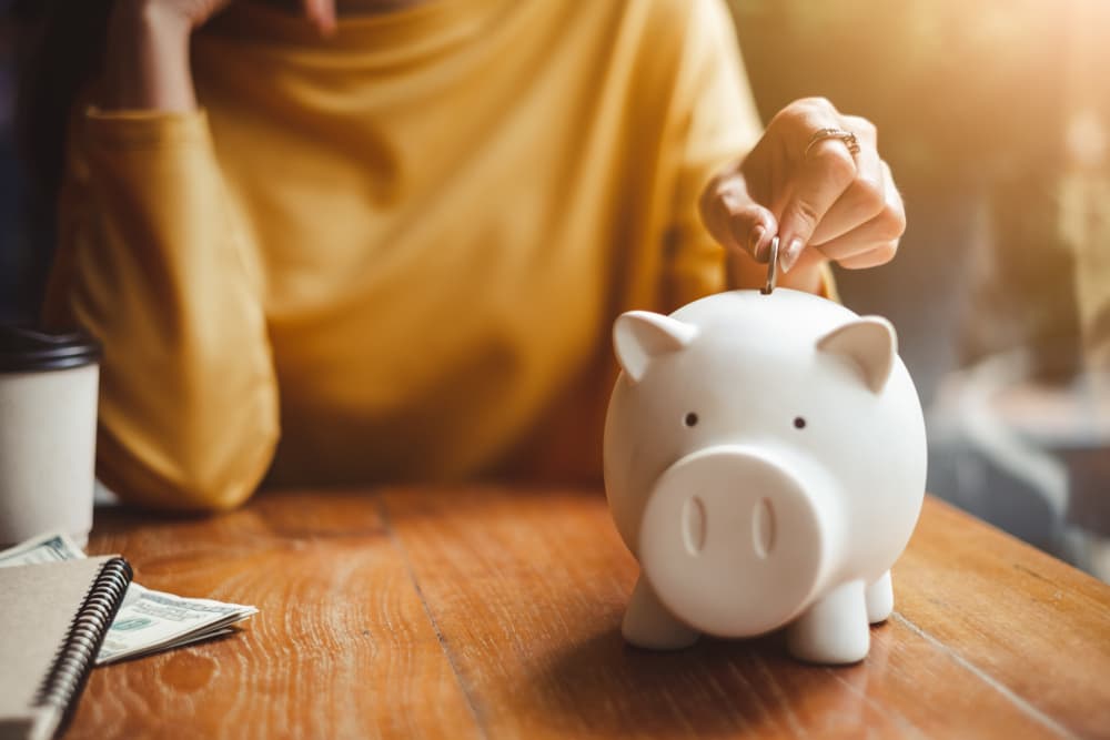 A person adding money to a piggy bank to save money