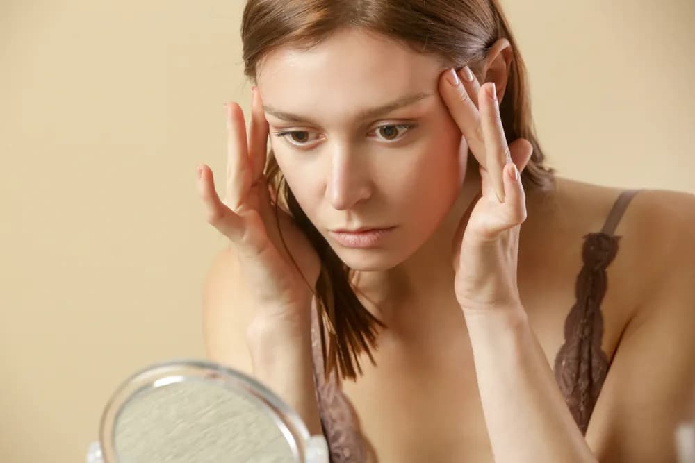 A lady assessing her facial acne in the mirror