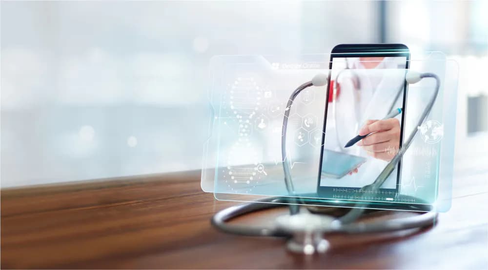 A mobile phone with a photo of a doctor on it, with a stethoscope next to it