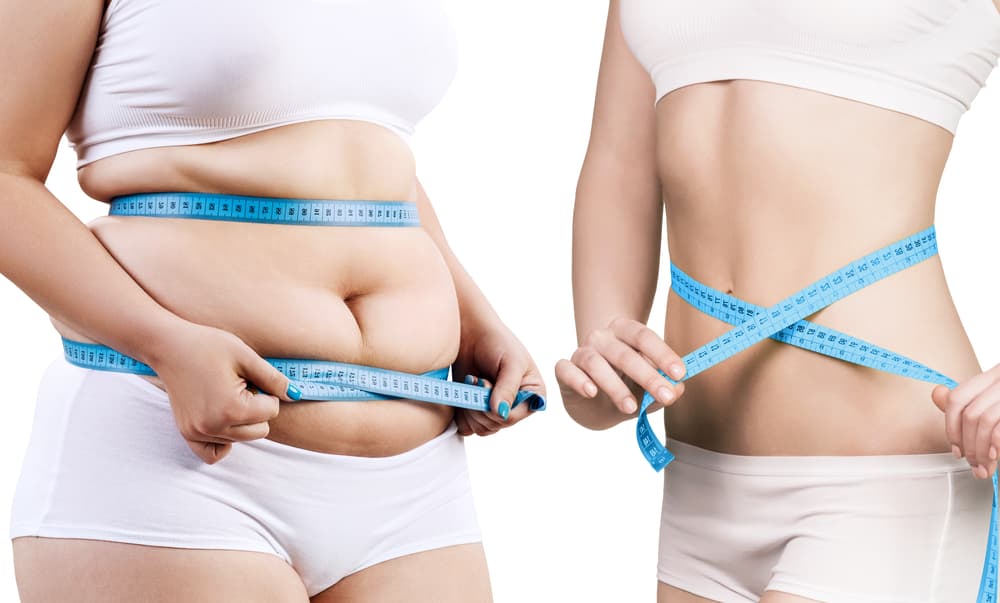 Two waistlines, one of an overweight lady and one waist of a lady with a healthy BMI