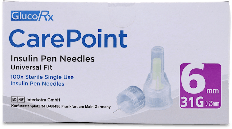 GlucoRx Insulin Pen Needles 31G 6mm 100 Pack