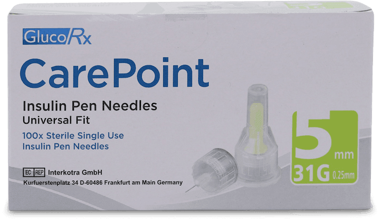 GlucoRx CarePoint Insulin Pen Needles 5mm 31G 100 Pack