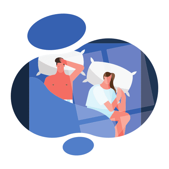 A couple that can't sleep experiencing insomnia together whilst lying on their bed