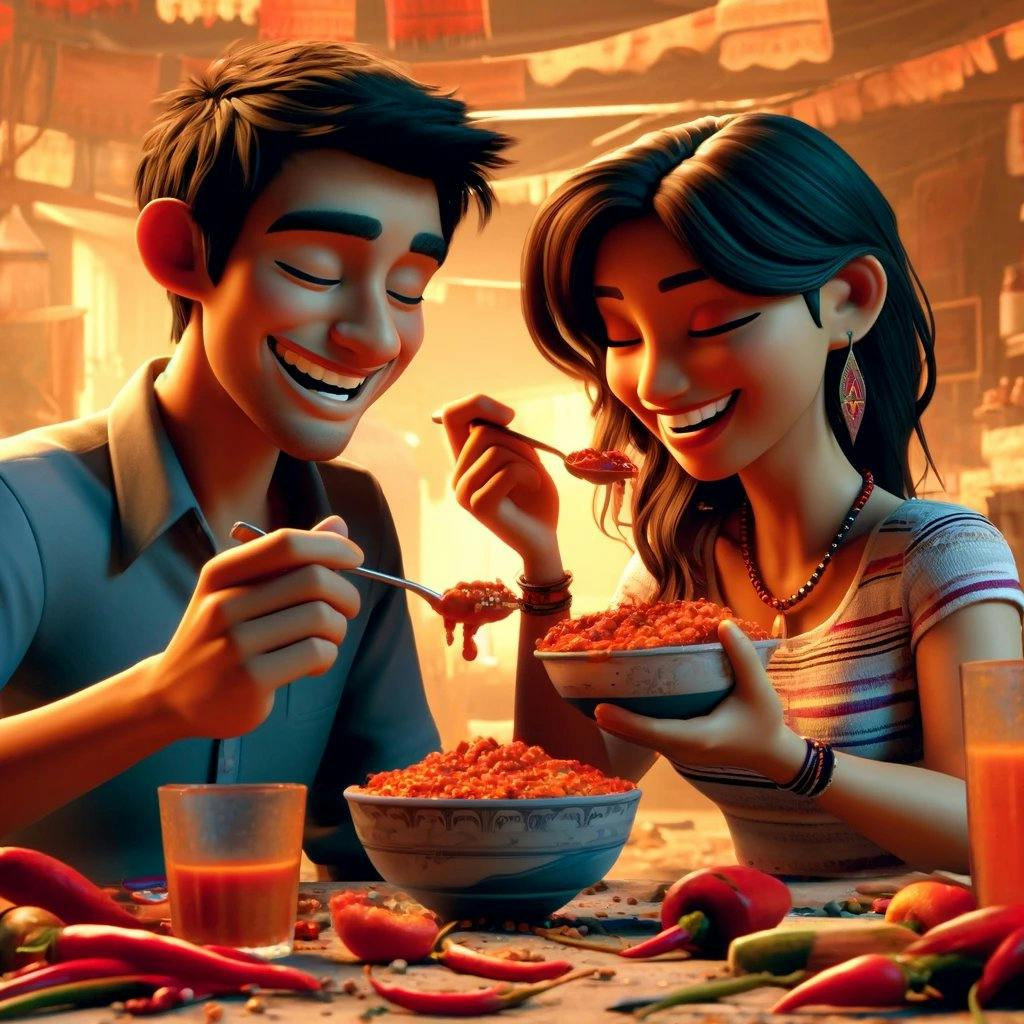 Man and woman eating spicy food together